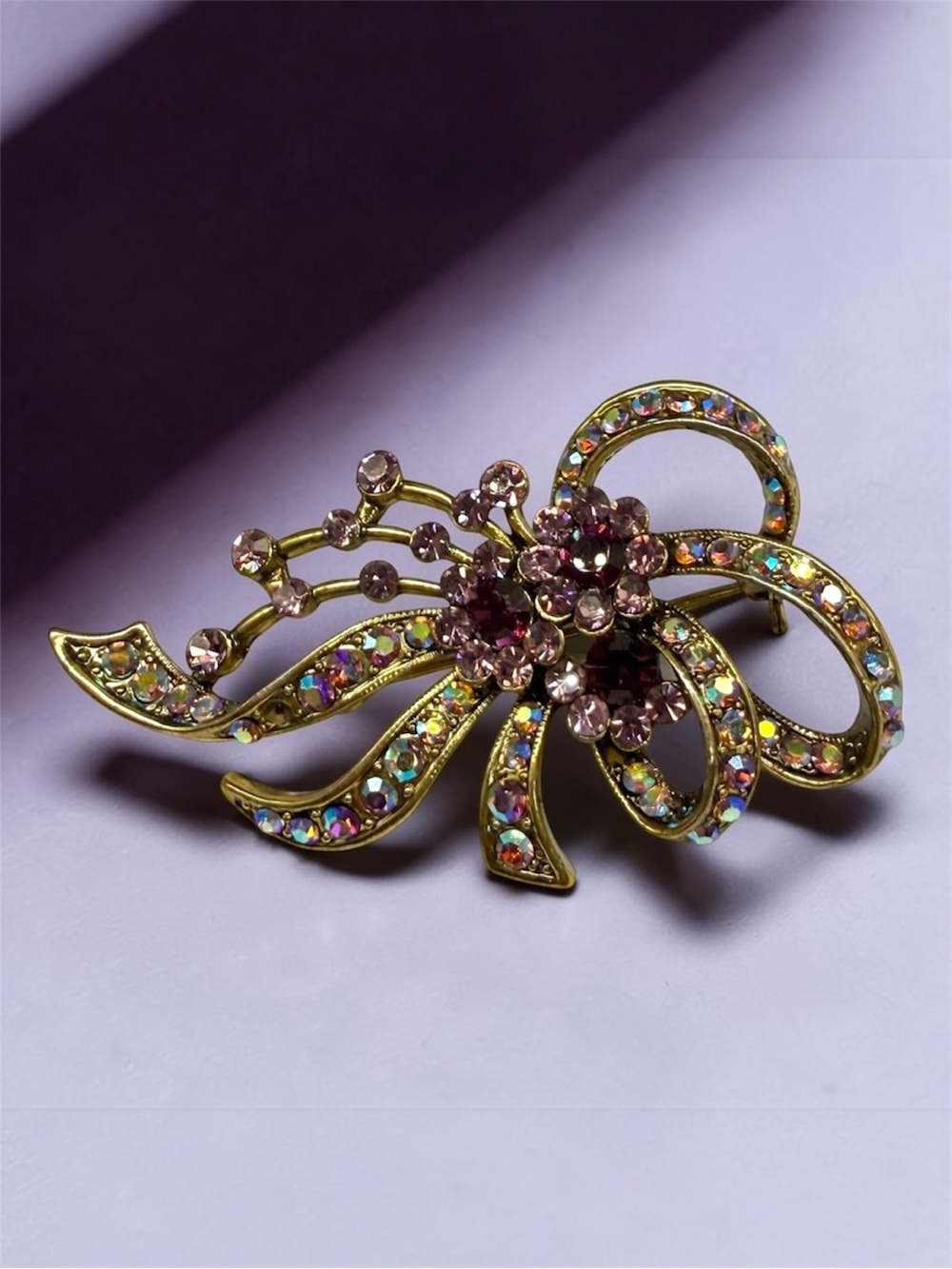 Purple Rhinestone & AB Crystal Floral Spray Brooch Bow Ribbon Pin Gold Tone